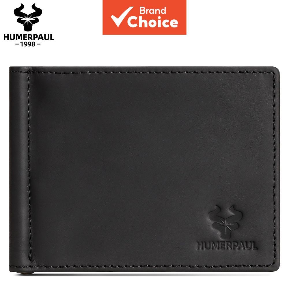 HUMERPAUL คลิปเงินหนังแท้ Bifold Wallet Card Holder Slim Male Purse Billfold BP827