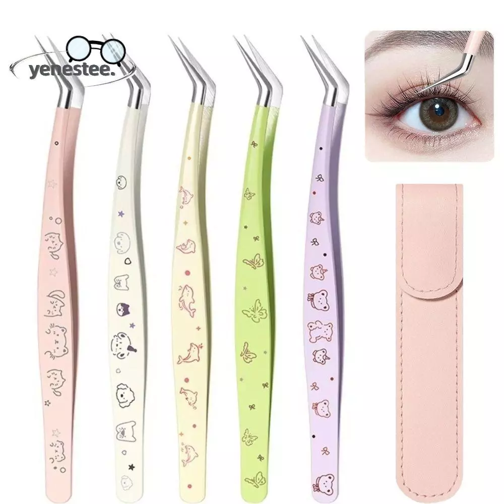 YENESTE แหนบขนตาปลอม, สแตนเลสความแม่นยําสูง Lashes Extension Tweezer, Professional พร้อมหนังการ์ตูน Anti-static Eyelash Curler Extensions Grafting
