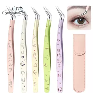YENESTE แหนบขนตาปลอม, สแตนเลสความแม่นยําสูง Lashes Extension Tweezer, Professional พร้อมหนังการ์ตูน Anti-static Eyelash Curler Extensions Grafting