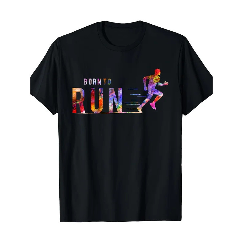เสื้อยืดผู้ชาย "Born To Run" แรงบันดาลใจจากมาราธอน ผ้าฝ้าย 100% ลายพิมพ์นักกีฬาสีสันสดใส แขนสั้น คอก