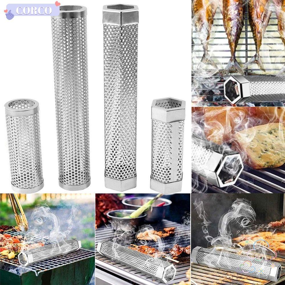 CORCO สแตนเลสตาข่าย Camping อุปกรณ์เสริมกล่องรมควันเม็ด Smoker Filter Gadget BBQ Smoker Tube