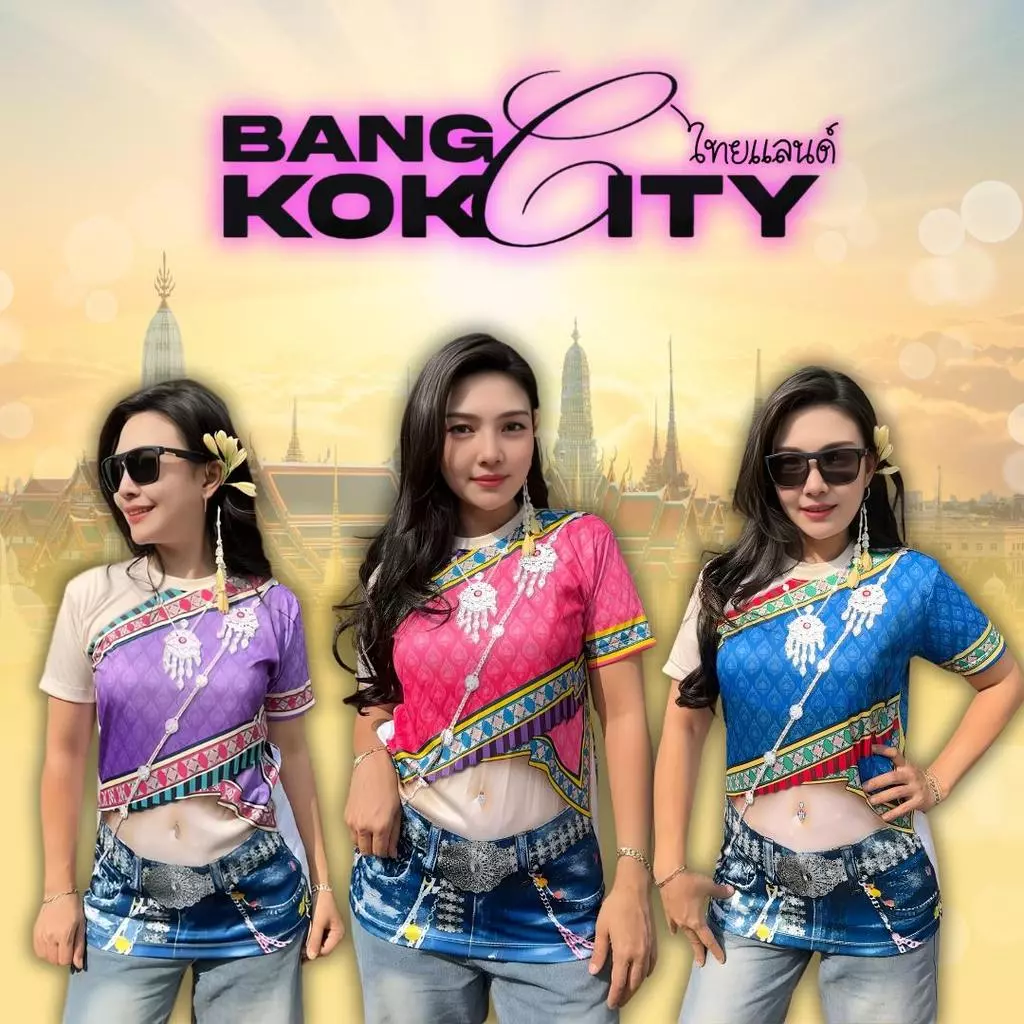 เสื้อผ้ายืดแฟชั่น ผู้หญิง คอกลอม ลายสไบ สำเร็จรูป ไทยแลนด์ ชุดไทย ไหล่เดี่ยว กางเกงยีนส์ สงกรานต์ สีพาสเทล พร้อมส่ง