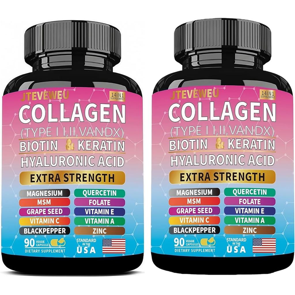 คอลลาเจน - ประเภท I, II, III, V และ X - พร้อม Biotin, Keratin, Hyaluronic Acid & 13+ Extra Strength 