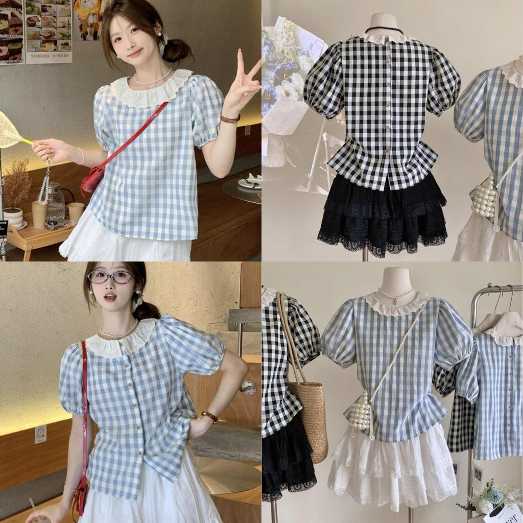 Chili Koko เสื้อเชิ้ตลายสก็อตแขนพอง เสื้อผ้าสตรี เสื้อเชิ้ตลายสก๊อตแขนสั้น คอปกลูกไม้สวมใส่ได้ด้านหน้าและด้านหลัง 99129