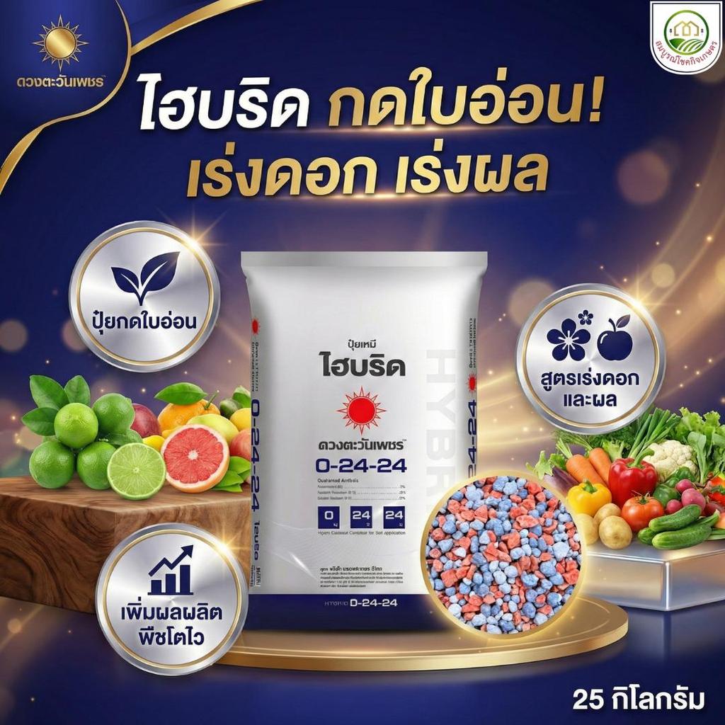 ปุ๋ยเม็ด 0-24-24 ไฮบริด ยกกระสอบ ขนาด 25 กิโลกรัม ดวงตะวันเพชร ปุ๋ยกดใบอ่อน กันใบไหล เร่งบำรุงดอกและ