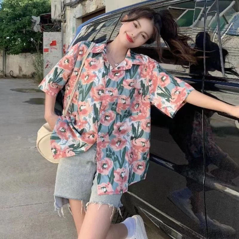 เสื้อสงกรานต์ผู้หญิง ลายดอกไม้ แขนสั้น ลายดอกไม้สีฟ้าชมพู เสื้อฮาวาย thumbnail 6