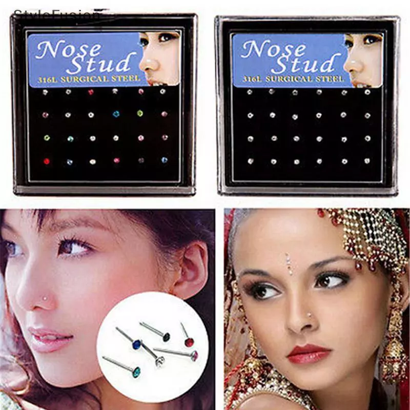 SF ชุดห่วงจมูก24ชิ้น/กล่องหญิงพลอยเทียมสาวสแตนเลส