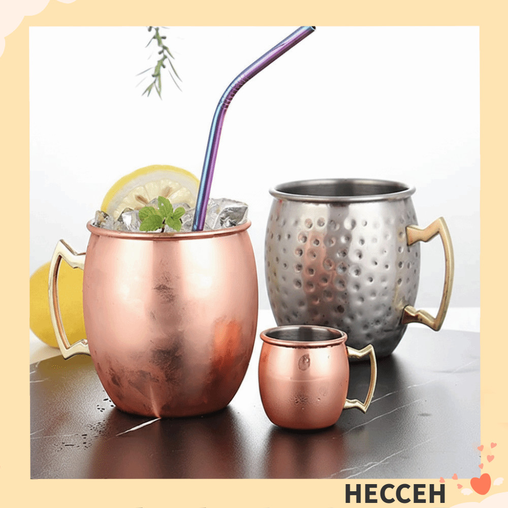 HECCEH ถ้วยทองแดงบริสุทธิ์, Moscow Mule 500ml ถ้วยแก้ว,พร้อมที่จับตอกรูปร่างเรียบ Moscow Mule แก้วค็