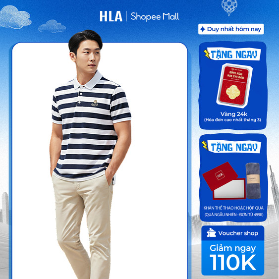 [ขายดี] เสื้อโปโลแขนสั้นผู้ชาย HLA x ZOLA ลายทาง ละเอียดอ่อน คอปกเปิดลงแบบไดนามิกและยืด