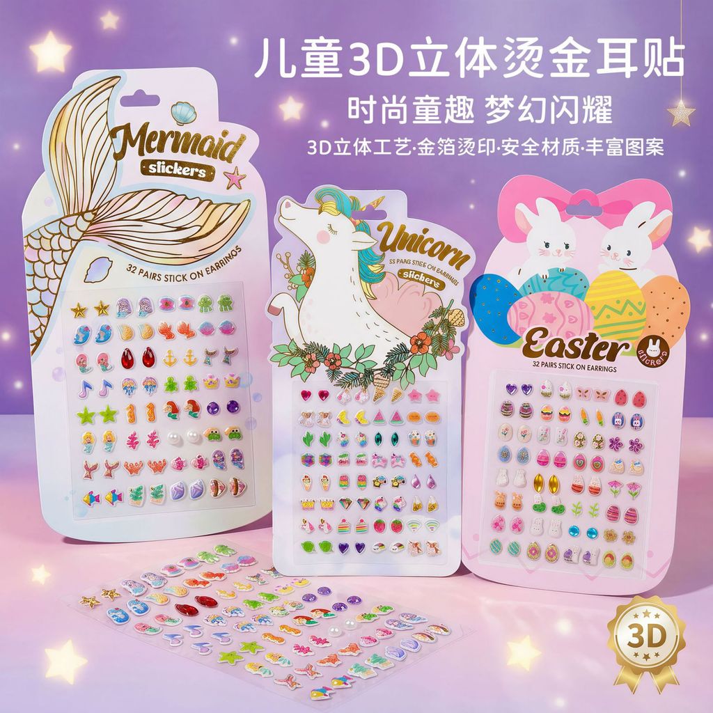 ✨ สติกเกอร์ติดหูเด็ก 3D ทรง立体 ลายทอง ปลอดภัย หลายลายน่ารัก ไม่ต้องเจาะหู ใช้ติดตกแต่งหูได้ทันที เหมาะสำหรับเทศกาลสงกรานต์ ไปเที่ยวทะเล