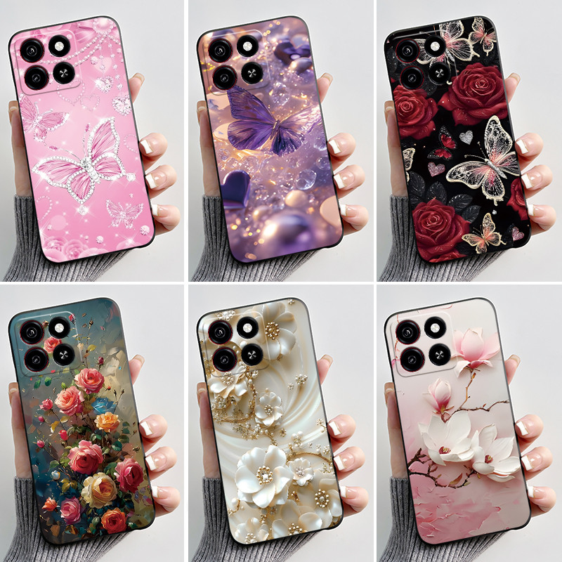 สําหรับ ZTE Blade A35 กรณีปกหลังสําหรับ ZTE Blade A55 กันชนกันกระแทกแฟชั่นผีเสื้อดอกไม้สีดํา Jelly ซิลิโคนนุ่มเคสโทรศัพท์