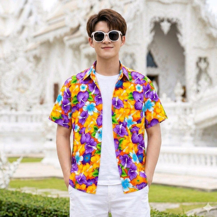 016 เสื้อเชิ้ตลายดอก ผ้าคอตตอน100% สีไม่ตก ผ้าไม่หด ลายคมชัด มีไซส์หญิงชาย S-5XL งานไทย ส่งจากไทย*1ตัว* รูปที่ 7
