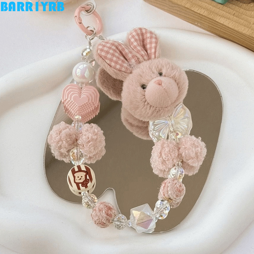 BARR1YRB จี้ลูกปัดกุทัณฑ์, ทําด้วยมือ Anti-Lost ตุ๊กตากระต่ายโทรศัพท์, พวงกุญแจข้อมือน่ารักหวานโทรศัพท์ Lanyard Charm ผู้หญิง