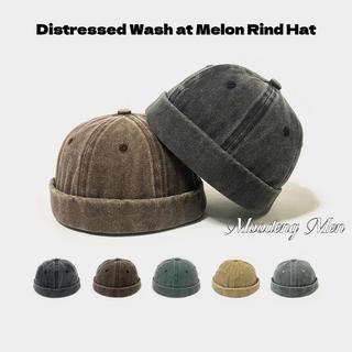 Moodeng Men Round-top melon-shaped hat, brimless, vintage-style, distressed, washed-out, trendy.