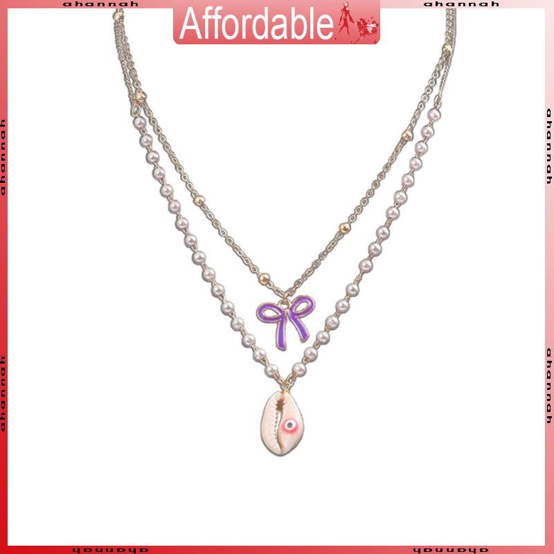 AH Bohemian Bowknot Shells Layered สร้อยคอ Elegant Choker Y2K ไข่มุกลูกปัด Evil Eye Charm Clavicle C