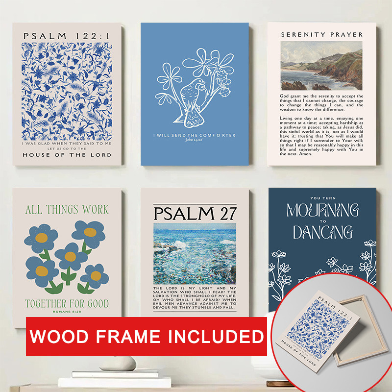 (พร้อมกรอบ) Blue Psalms Christian Bible Verss Wall Art โปสเตอร์พิมพ์ภาพ Vintage สีดอกไม้ภาพวาดผ้าใบสําหรับห้อง Wall Art Decor