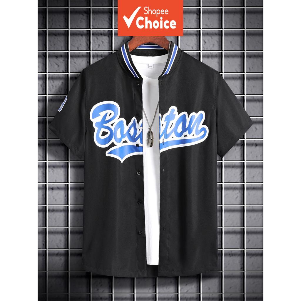 เสื้อเชิ้ตแขนสั้นพิมพ์ลายตัวอักษรคอเบสบอลสไตล์ฤดูร้อนสําหรับผู้ชาย JIT