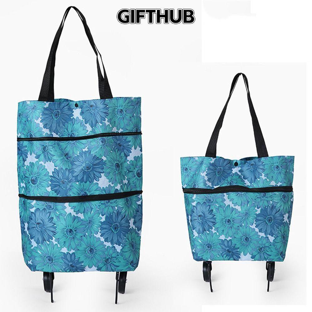 GIFTHUB รถเข็นช้อปปิ้งพับกระเป๋าช้อปปิ้งดอกไม้สีฟ้าที่มีล้อมือดึงยูทิลิตี้รถเข็นกระเป๋าซูเปอร์มาร์เก็ต