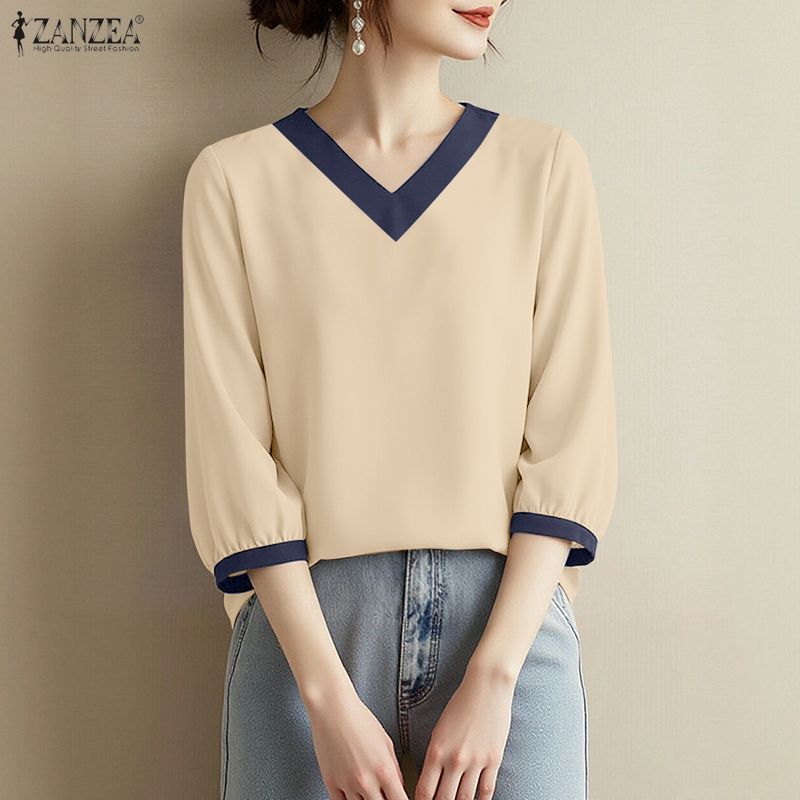ZANZEA ผู้หญิงเกาหลีลําลอง V คอ 3/4 แขนโคมไฟ Contrast Splicing ปุ่มด้านหลังเสื้อหลวม — صورة 4