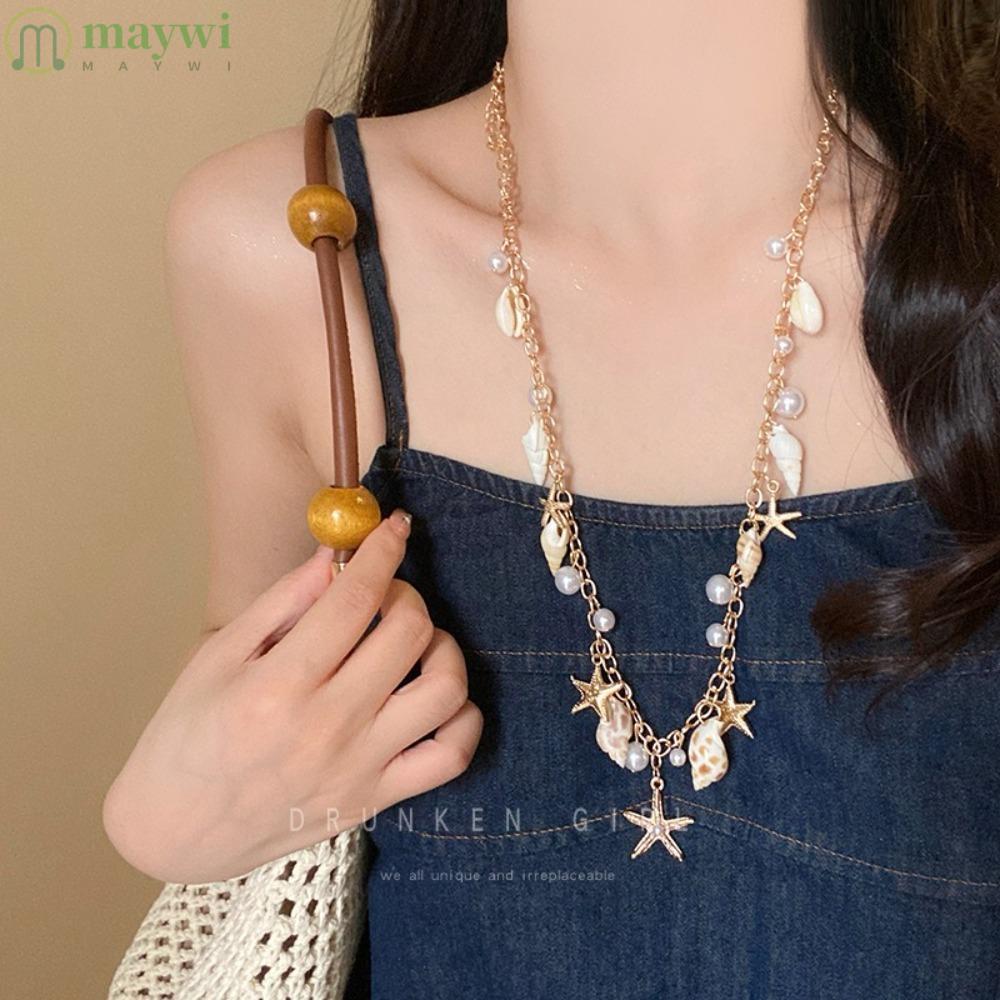 สร้อยคอมายเวีย งานแฮนด์เมイด สไตล์บูHEMAเนียน กะเทiarทะเล พร้อมหินลูกปัดและโซ่ สำหรับฤดูร้อน