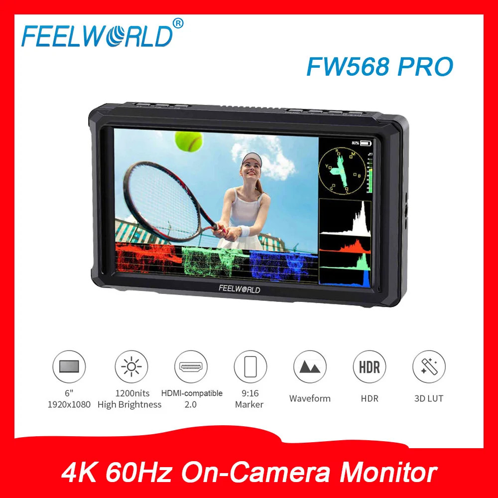FEELWORLD FW568 PRO จอภาพบนกล้อง 4K 60Hz 6 "1200nit LED HDMI เข้ากันได้กับการถ่ายภาพ DSLR และถ่ายทํา