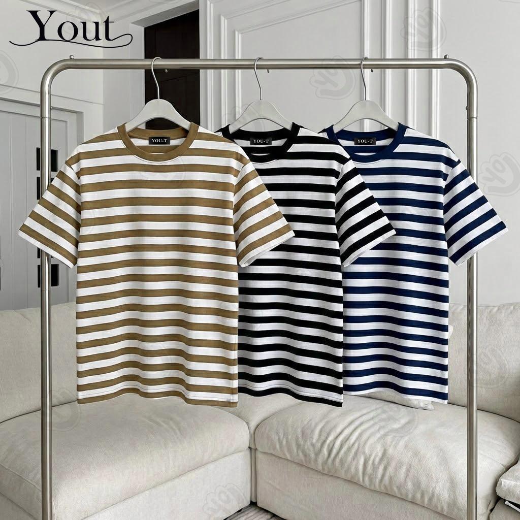 Y-T🧸เสื้อยืดลายทางโอเวอร์ไซส์ Unisex ผ้าฝ้ายพรีเมี่ยม เนื้อนุ่มพิเศษ