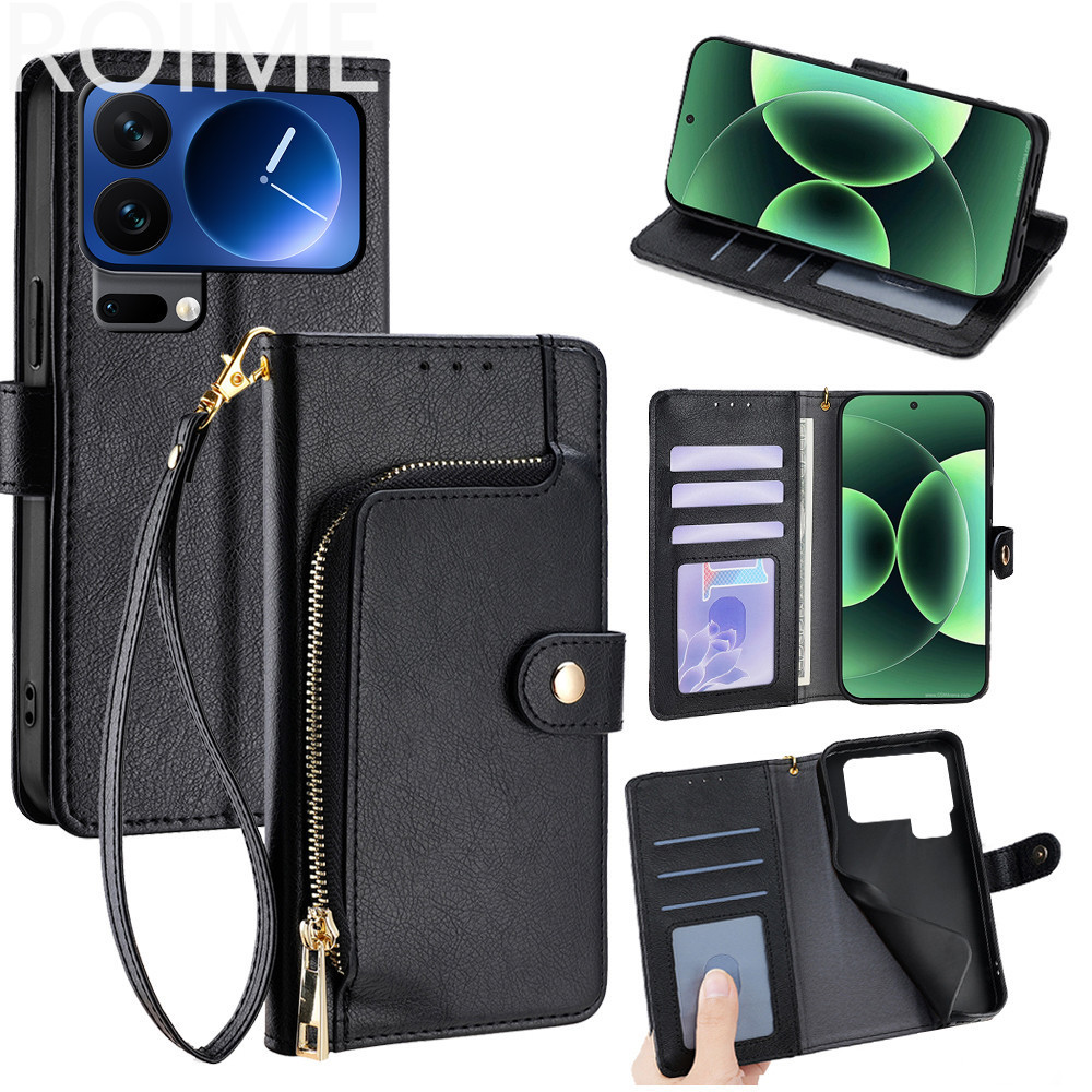 สําหรับ Xaiomi 17 Ultra Pro Max กระเป๋าสตางค์หนังพร้อมสายคล้องมือฝาพับซิปกระเป๋าการ์ด