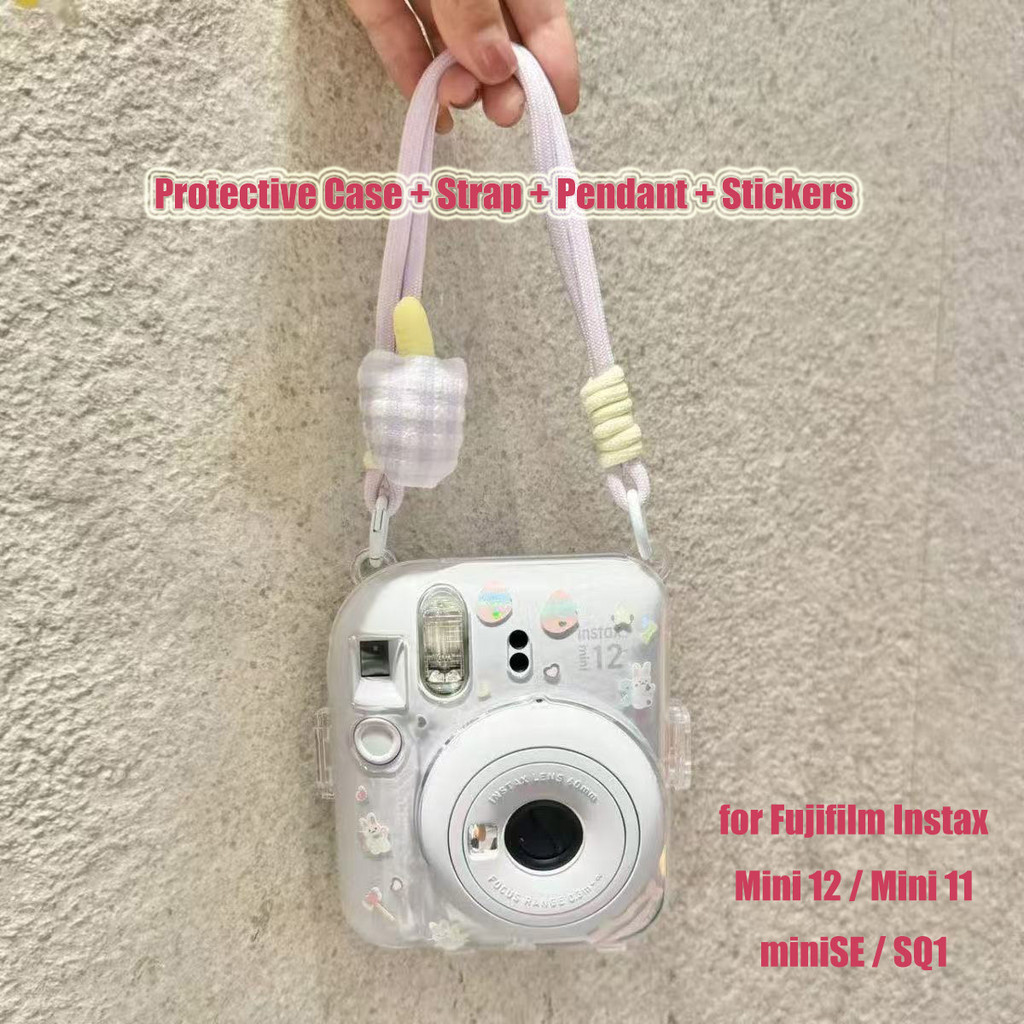 Instax Mini 12 / Mini 11 / Mini SE / SQ1 เคสป้องกันกล้องเคสใส + สายรัด + สติ๊กเกอร์อุปกรณ์เสริมโพลาร
