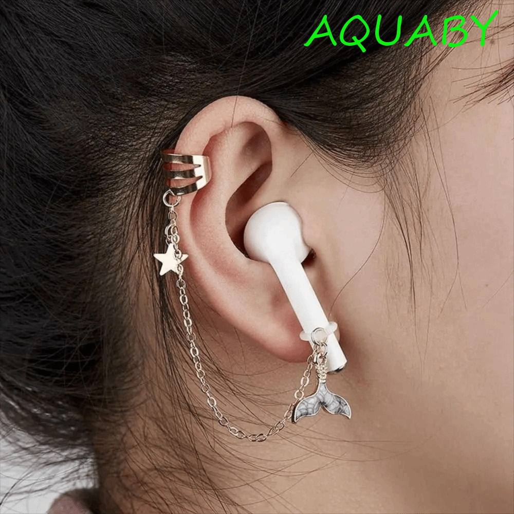 AQUABY 2 ชิ้น/คู่ คลิปหู Dolphin Star ป้องกันหูฟังหลุด ตกแต่งหู คลิปกระดูกหู พร้อมโซ่ป้องกันหูฟัง ของขวัญ