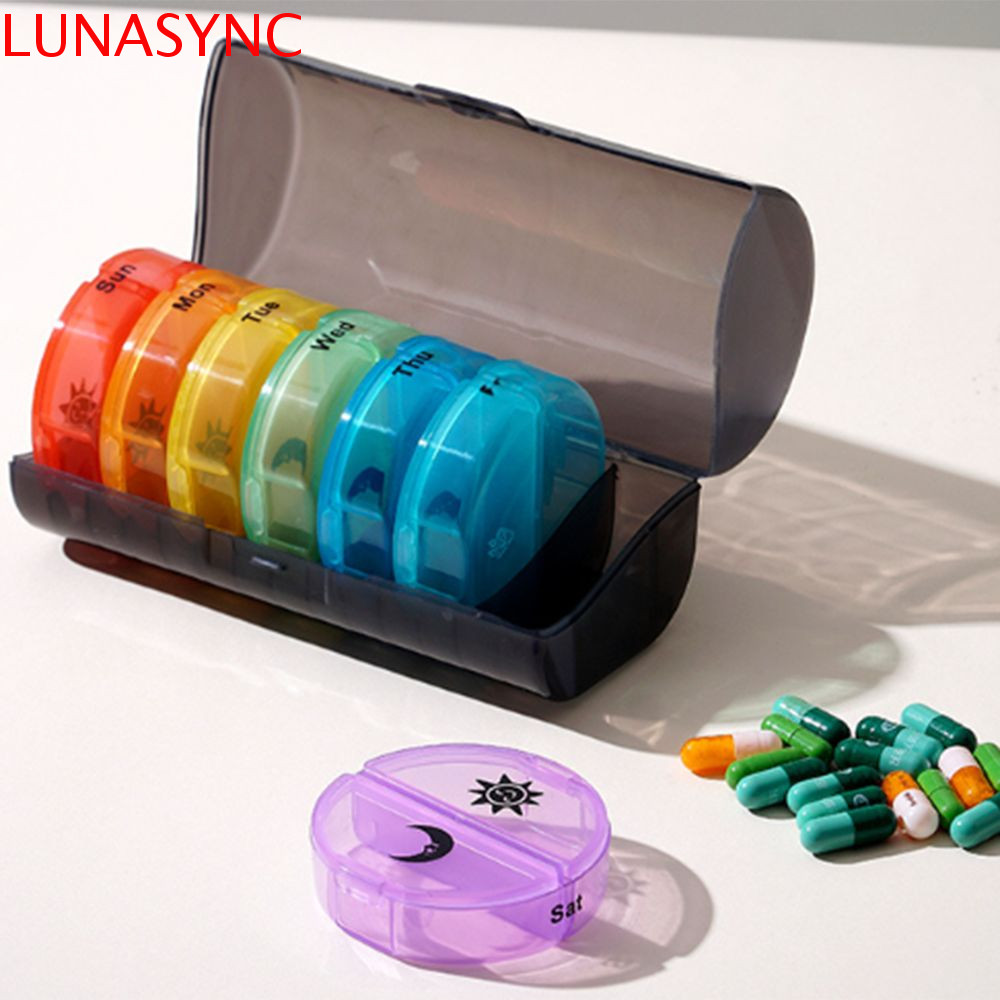 LUNASYNC 7-Day Splitter Pill Organizer, Week Mark 14-Grid Vitamin Storage Case, สะดวกแบบพกพาพลาสติก 