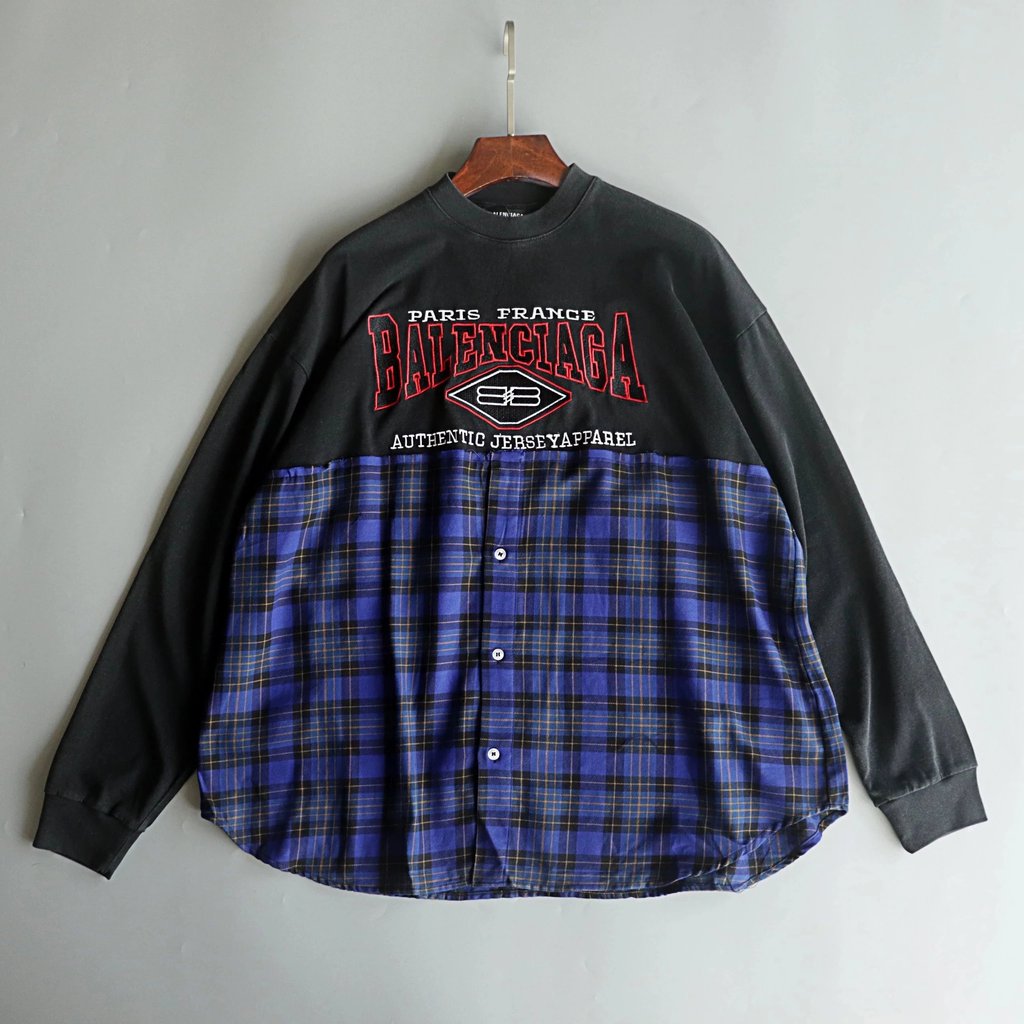 Bale * nca * เสื้อ ga เสื้อเสื้อกันหนาวเย็บตัวอักษรลายสก๊อตสีฟ้าสไตล์เสื้อยืดแขนยาวบางสไตล์ Bottomin