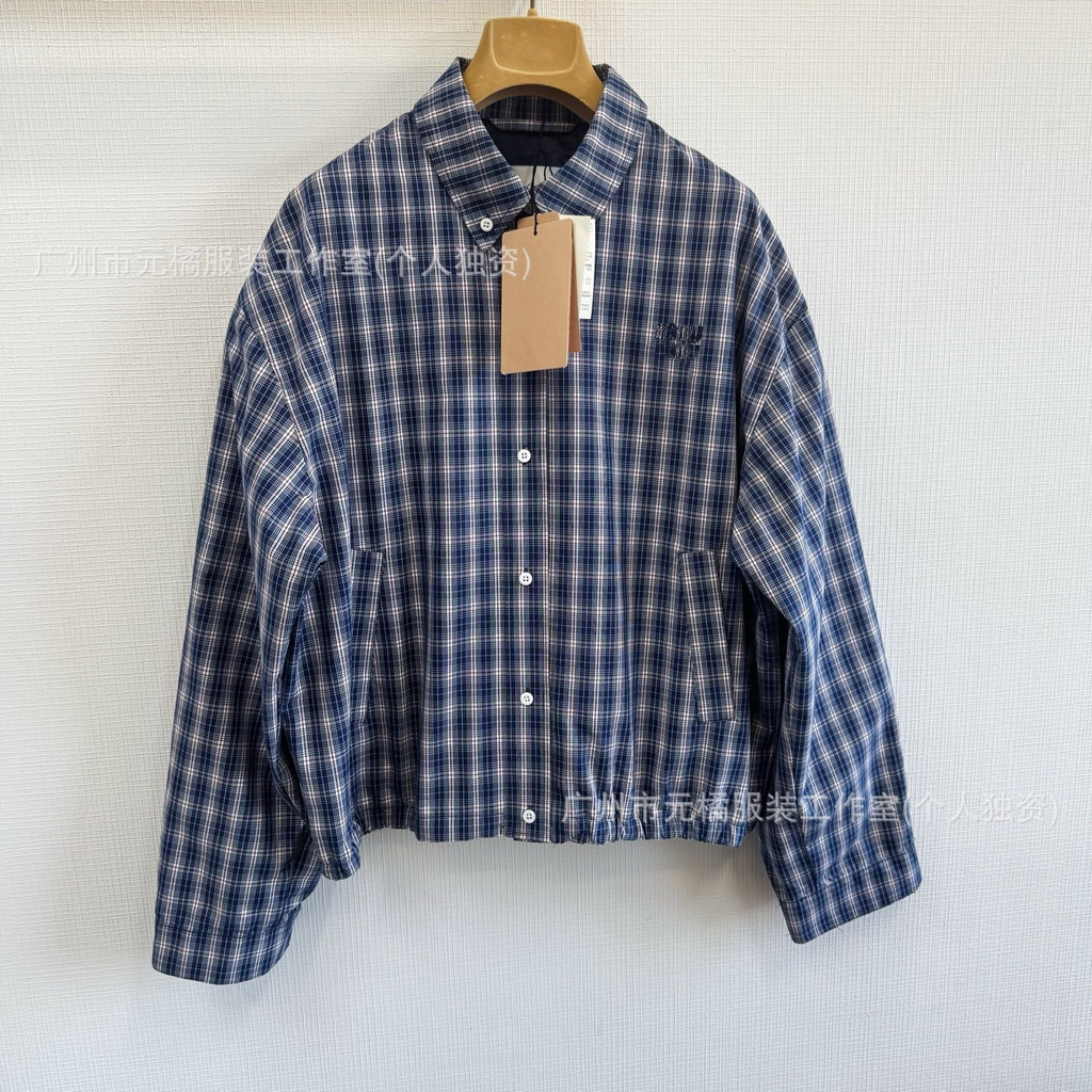 J4A8 Mi**iu  25FW All-cotton embroidered patchwork plaid jacquard jacket, loose fit, unisex