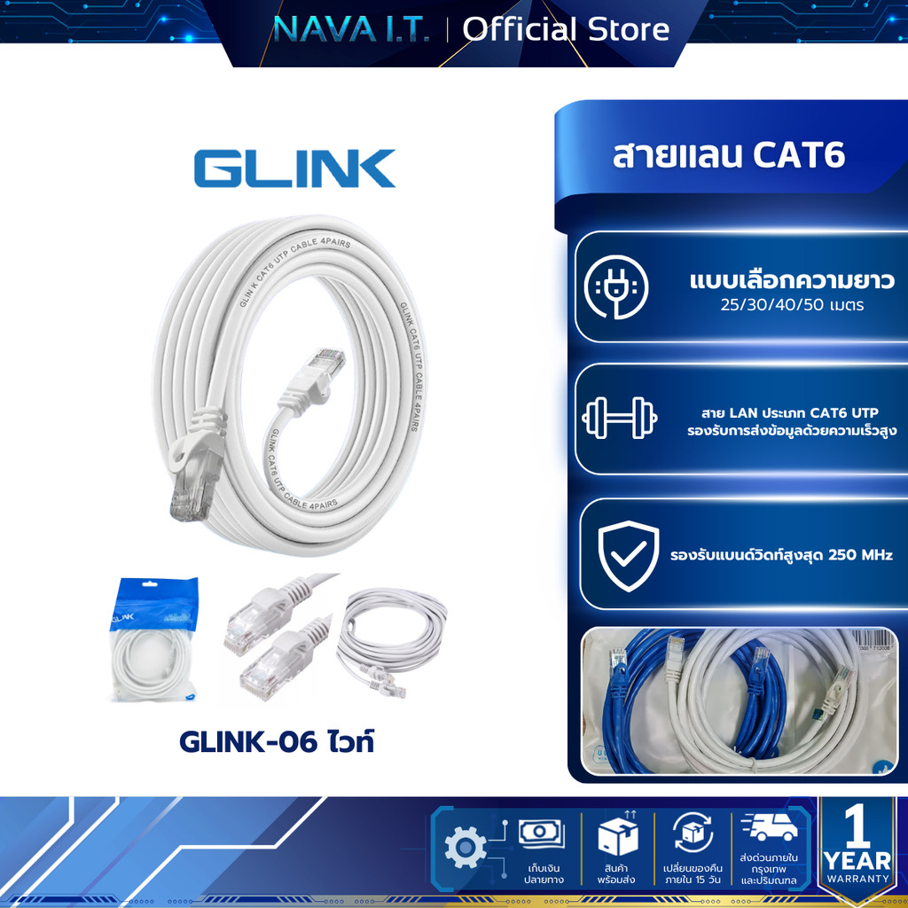 GLINK LAN CABLE GLINK-06 สีขาว CAT6 สายแลน ความยาว 1/2/3/5/10/15/20 เมตร