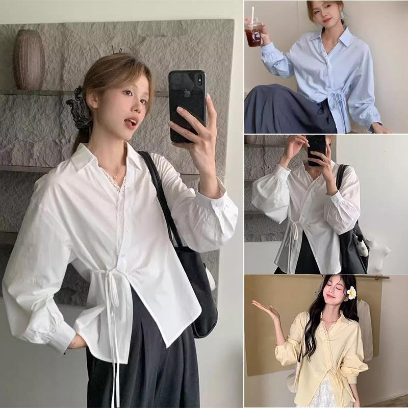 เสื้อเชิ้ตแขนยาวคอปกวีหน้า แต่งลูกไม้ ดีไซน์ไขว้หน้าผูกข้างสไตล์ย้อนยุค สีพึ้นแมตช์ง่ายใส่สบาย-พร้อมส่งจากไทย-รุ่น99199