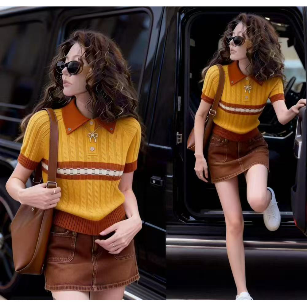 แฟชั่น POLO การออกแบบคอปกเสื้อถักสีส้มด้านบน 2026 ฤดูร้อนสไตล์ใหม่ลําลองสลิมฟิตปกแขนสั้นเสื้อยืดด้านบน