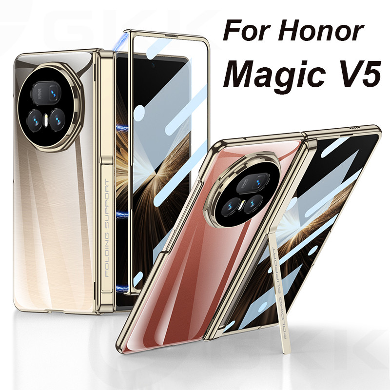 LUKEN บานพับขาตั้งชุบเคสใสสําหรับ Honor Magic V5 หน้าจอด้านนอกกระจกป้องกันพลาสติก Hard Cover สําหรับ Magic V5 กรณี
