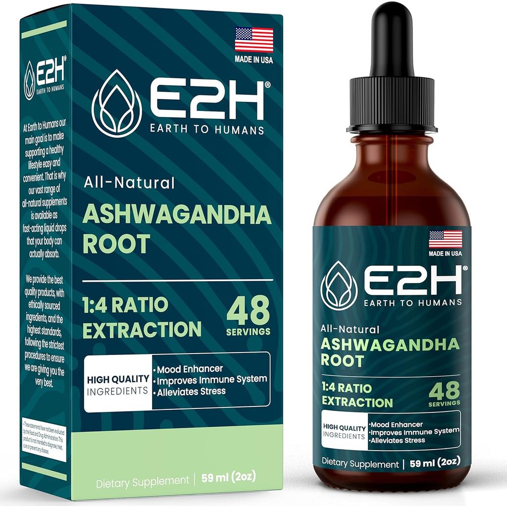 E2H Ashwagandha Liquid Drops - All-Natural Ashwagandha Supplement for Stress Relief and Mood Enhance