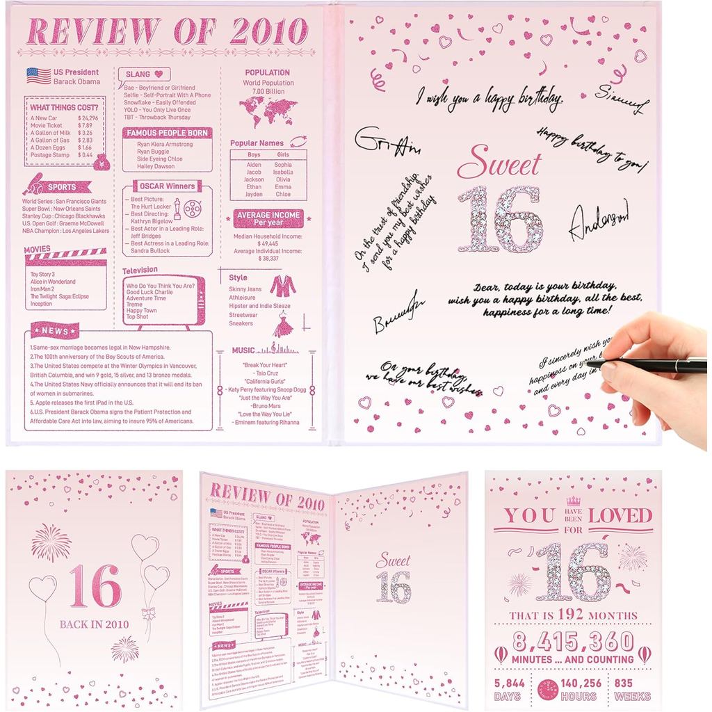 Roetyce 16th Birthday Decoration Girls, Pink Back in 2010 16th Birthday Guest Book Signature Board, 