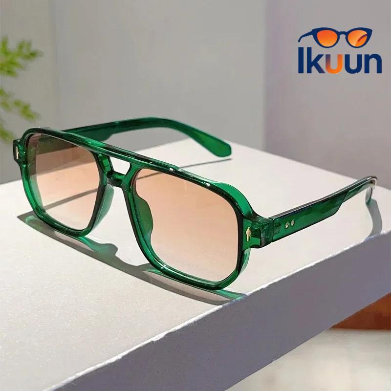 Retro Double Beam Square แว่นตากันแดดผู้ชายผู้หญิงสไตล์เดียวกัน Rivets แฟชั่นเลนส์สีเขียวเข้ม Anti-Glare UV400 ป้องกัน