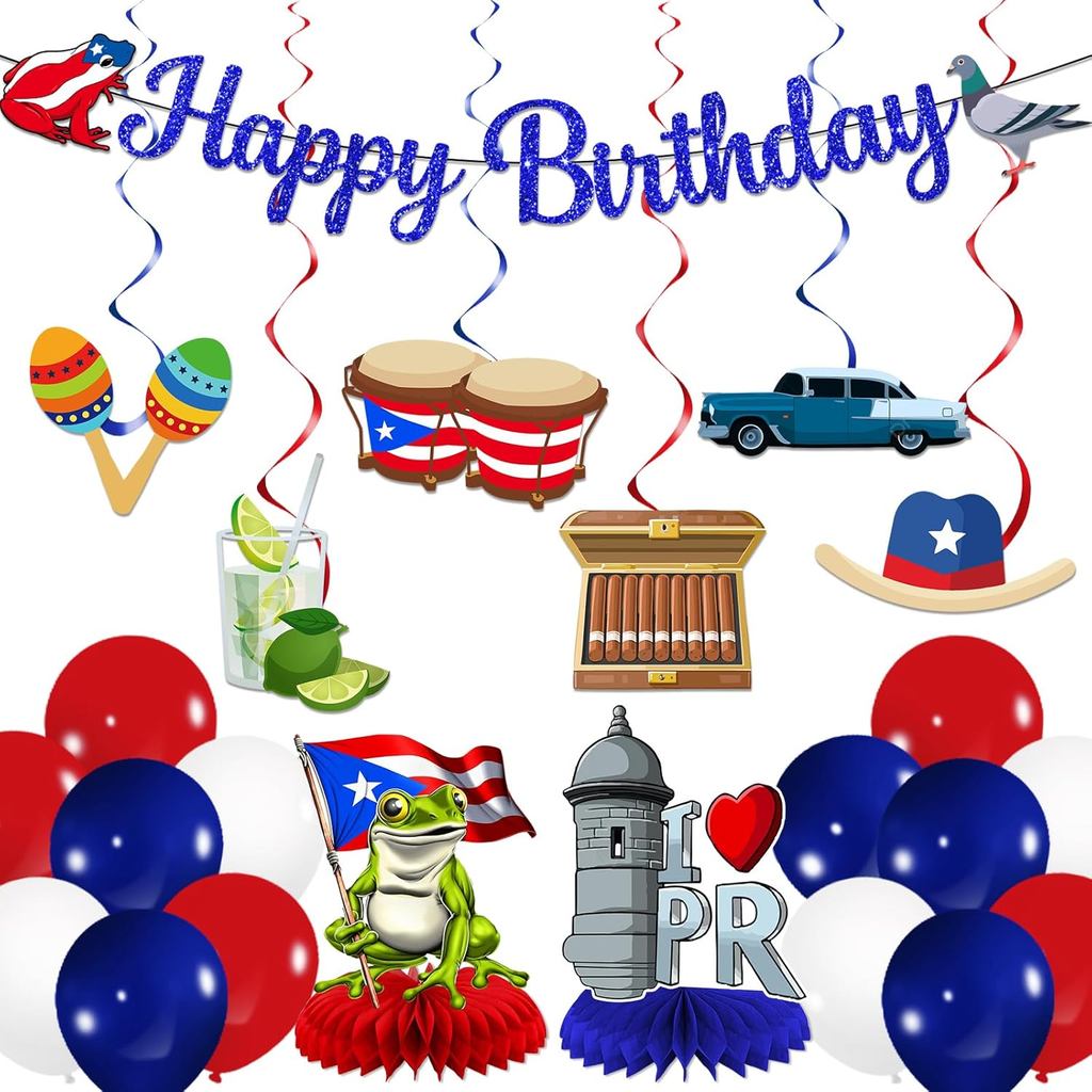 Puerto Rico Party ตกแต่ง: Puerto Rico ตกแต่ง Glitter Blue Happy Birthday แบนเนอร์แขวน Swirls Centerp
