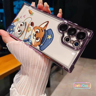 สำหรับ Samsung S25U,S24U,S23,S23U,S22,S22U,S21U,S20,S20FE เคสซัมซุง สุนัขจิ้งจอกกระต่ายคู่น่ารัก ชุบโลหะ สี่มุม กันตก