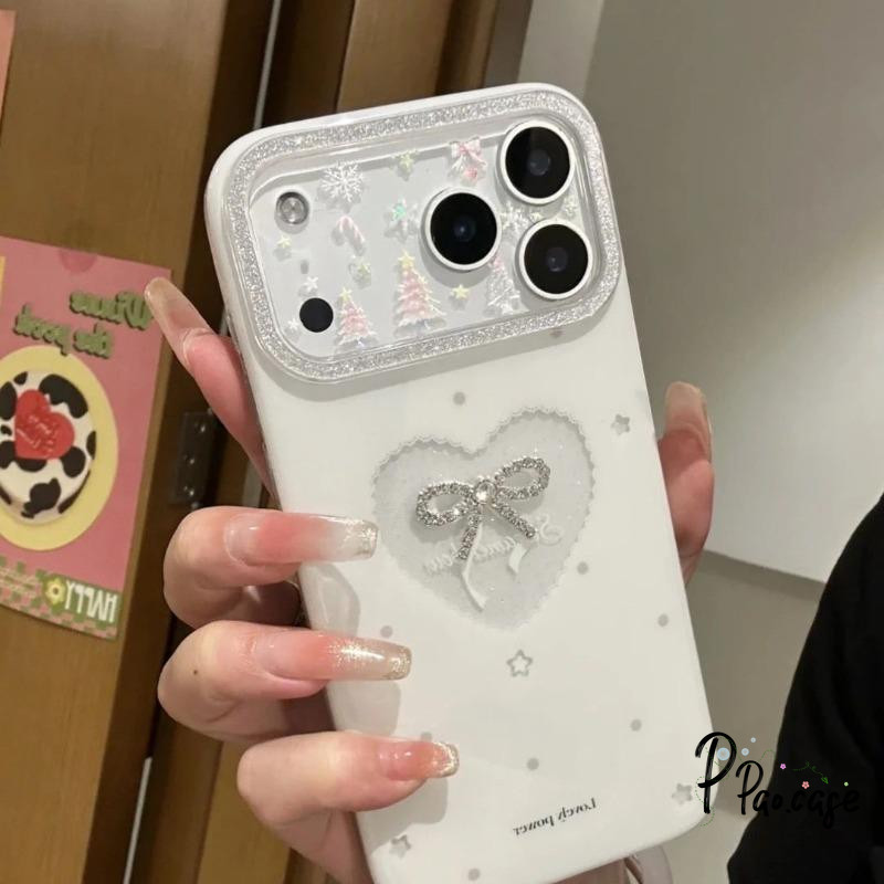 เคสไอโฟน13 16 17เคสชิมเมอร์หัวใจโบว์ป้องกันสงกรานต์ สำหรับ IPhone 17 16 12 13 15 11 14 Pro Max XR X XS 7 8 16 15 14 Plus