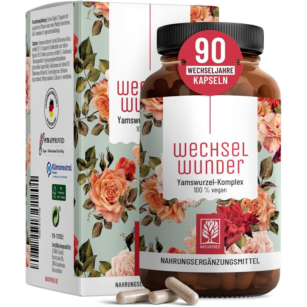 แสงธรรมชาติ ®   WECHSELWUNDER-500mg Yam Root พร้อม Red Clover 340mg, Valerian, Iron, วิตามิน B9 และ 
