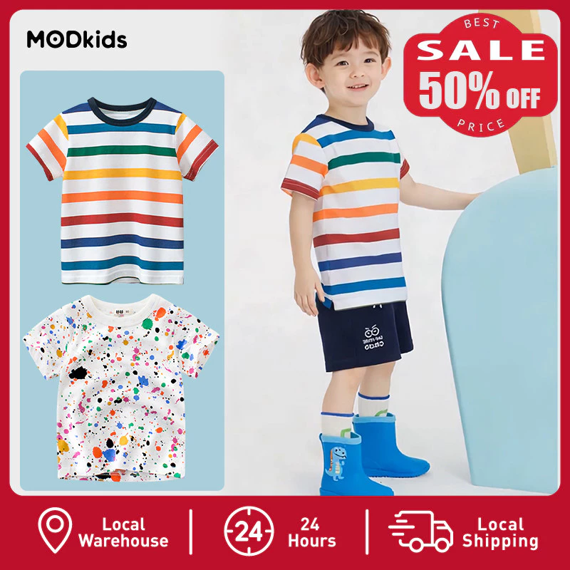 【ส่งด่วน】🚀🚀 เสื้อยืดเด็ก MODkids ลายทาง/สีรุ้ง | ผ้าคอตตอน 100% ใส่สบาย | เสื้อเด็กฤดูร้อน สีสดใส
