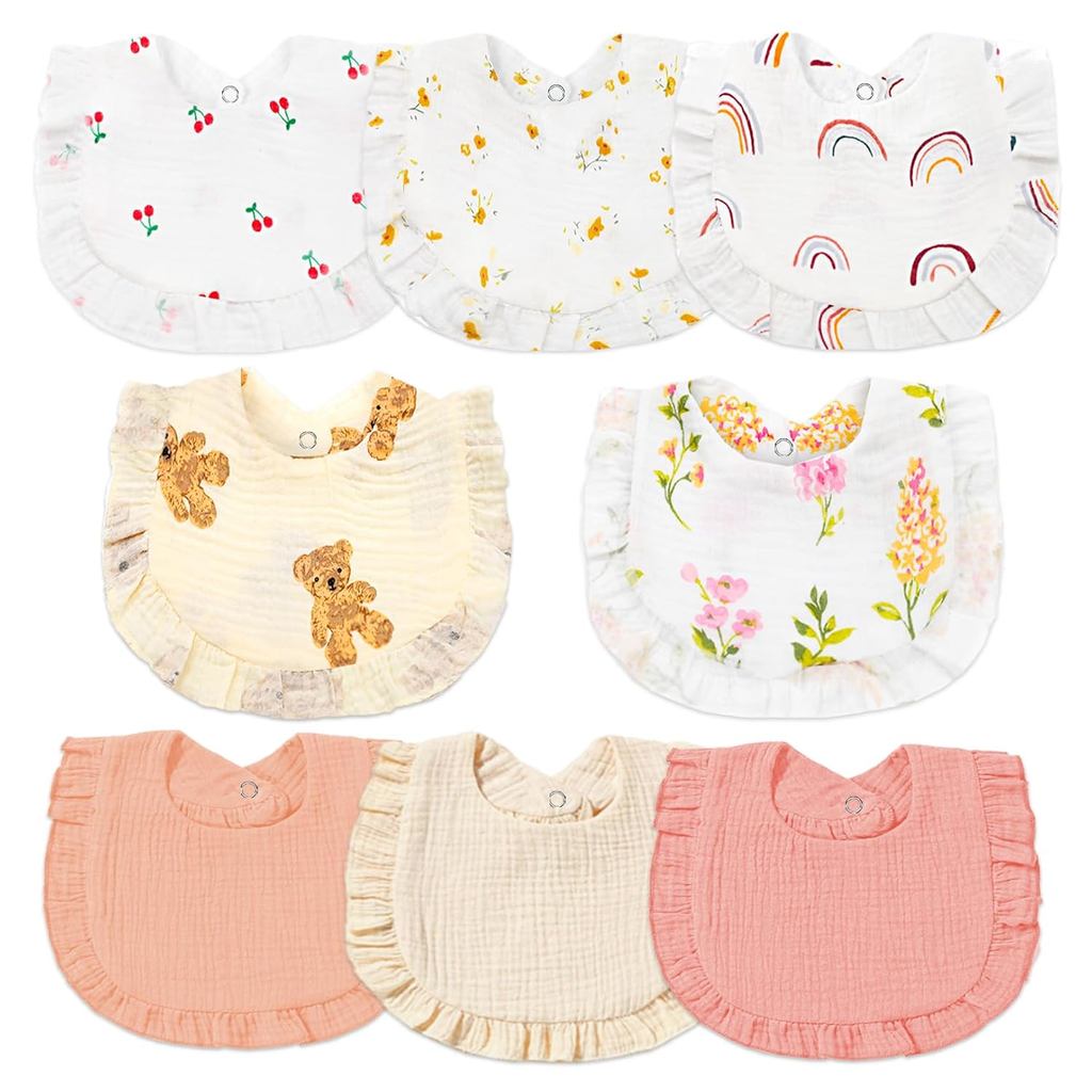 ผ้ากันเปื้อนเด็ก Muslin สําหรับเด็กผู้หญิง, ผ้ากันเปื้อน Muslin Drool Bandana (พิมพ์สีขาว)