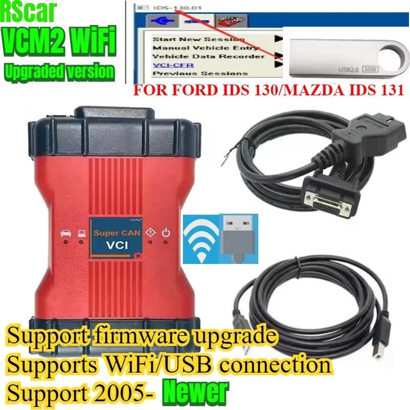 ใหม่ล่าสุดเฟิร์มแวร์อัพเกรดVCM2 ชิปเต็มรูปแบบหลายภาษาOBD2 WIFIรุ่นสําหรับFord V130 สําหรับMazda V131