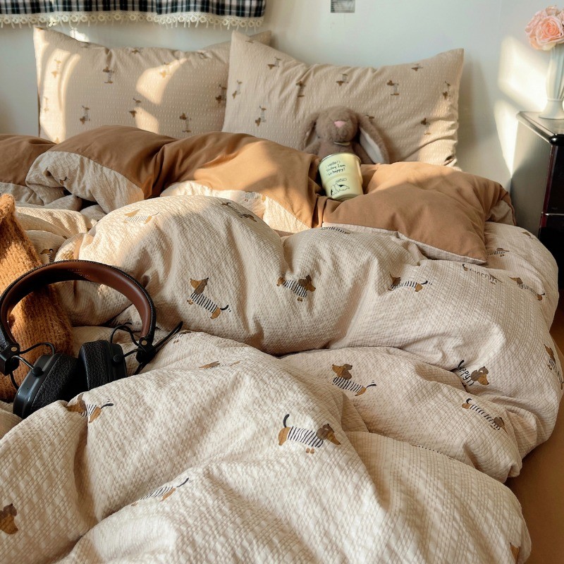 Linear Dachshund พิมพ์โพลีเอสเตอร์ Flat/Fitted Single/Queen/King Size ชุดเครื่องนอน 4 in 1 ชุดผ้าปูที่นอน