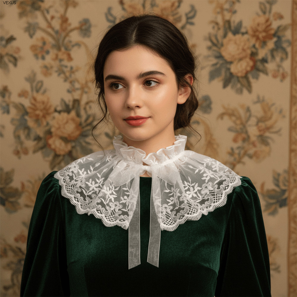 VEXUS Cape Blouse ปักลูกไม้ปกปลอม, สองชั้น คอลเลอร์สูงแบบเรียบๆ สไตล์ Lolita