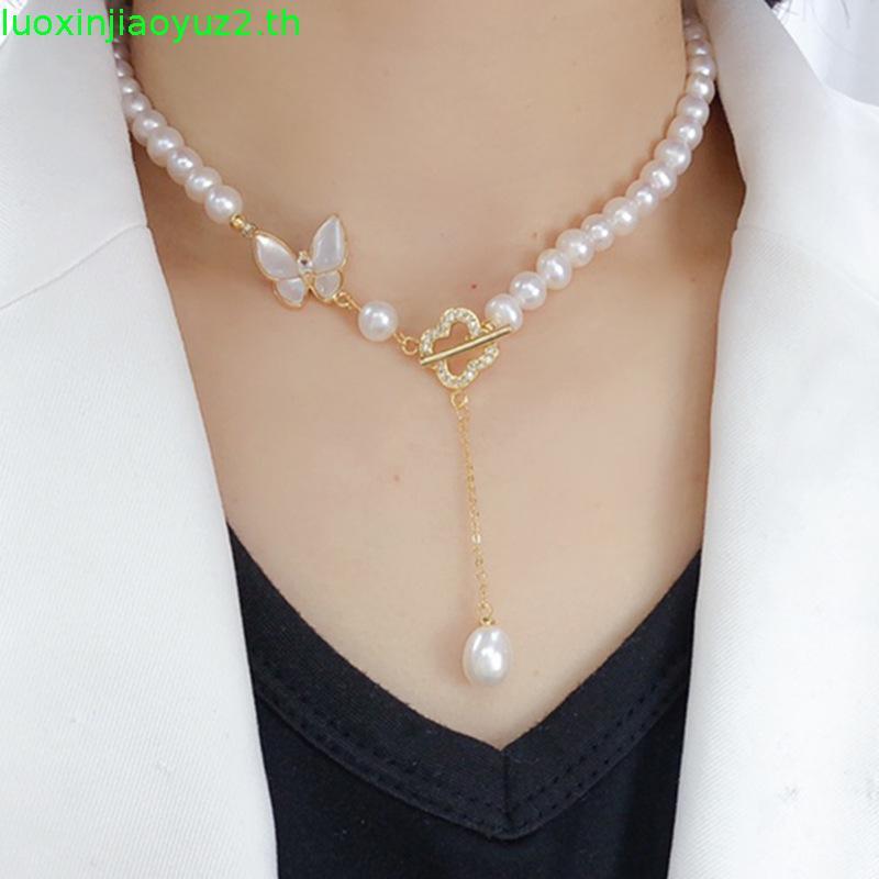 6-7 มม. สร้อยคอมุกน้ําจืดธรรมชาติวินเทจผีเสื้อโคลเวอร์สี่ใบOTหัวเข็มขัดโซ่กระดูกไหปลาร้า