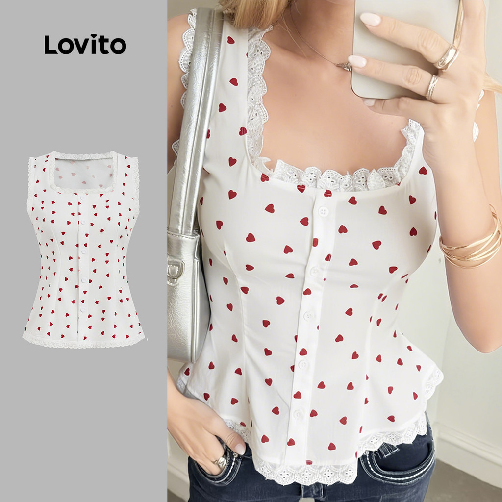 Lovito  เสื้อลําลองผู้หญิง คอระบาย กระดุมหน้า สําหรับฤดูใบไม้ผลิ/ฤดูร้อน L171ED397